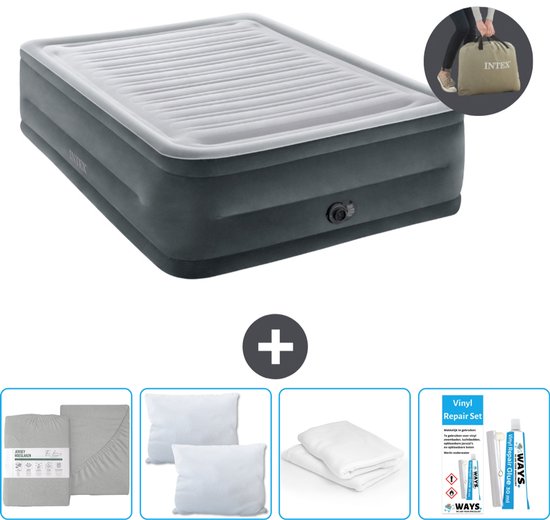 Intex Luchtbed - 2-Persoons - 152 x 203 x 56 cm - Grijs - Inclusief pomp - Hoeslaken - Kussen - Reparatieset en Kussenbeschermer van Merkloos