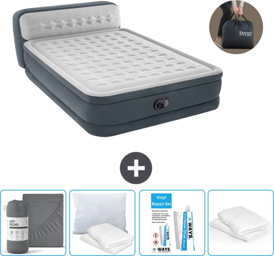 Intex Luchtbed - 2-Persoons - 152 x 236 x 86 cm - Grijs - Inclusief pomp - Hoeslaken - Kussen - Reparatieset en Kussenbeschermer van Intex