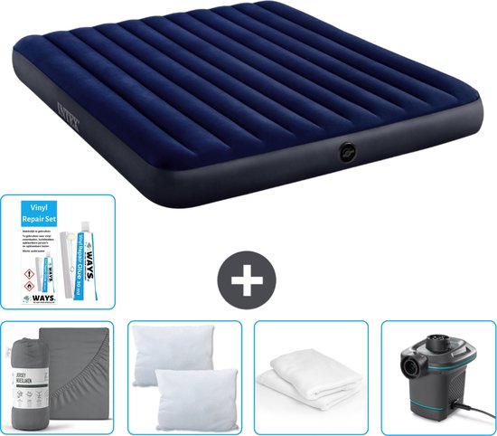 Intex Luchtbed - 2-Persoons - 183 x 203 x 25 cm - Blauw - Inclusief Hoeslaken - Kussen - Pomp - Reparatieset en Kussenbeschermer van Intex