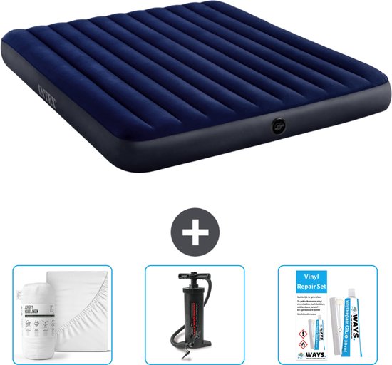 Intex Luchtbed - 2-Persoons - 183 x 203 x 25 cm - Blauw - Inclusief Hoeslaken - Pomp en Reparatieset van Intex