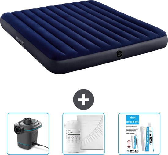 Intex Luchtbed - 2-Persoons - 183 x 203 x 25 cm - Blauw - Inclusief Pomp - Hoeslaken en Reparatieset van Intex