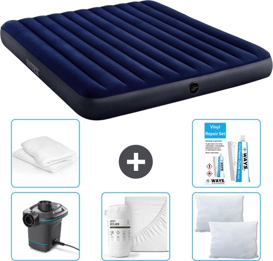 Intex Luchtbed - 2-Persoons - 183 x 203 x 25 cm - Blauw - Inclusief Pomp - Hoeslaken - Kussen - Kussenbeschermer en Reparatieset van Intex