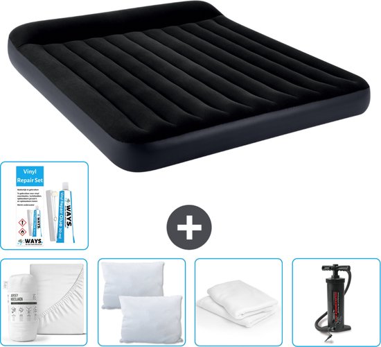 Intex Luchtbed - 2-Persoons - 183 x 203 x 25 cm - Donkerblauw - Inclusief Hoeslaken - Kussen - Pomp - Reparatieset en Kussenbeschermer van Intex