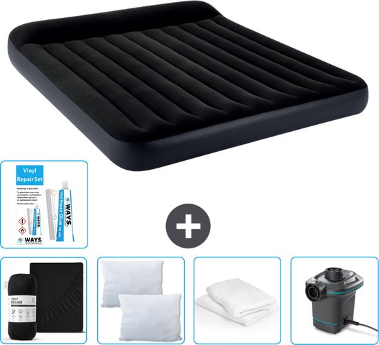 Intex Luchtbed - 2-Persoons - 183 x 203 x 25 cm - Donkerblauw - Inclusief Hoeslaken - Kussen - Pomp - Reparatieset en Kussenbeschermer van Intex