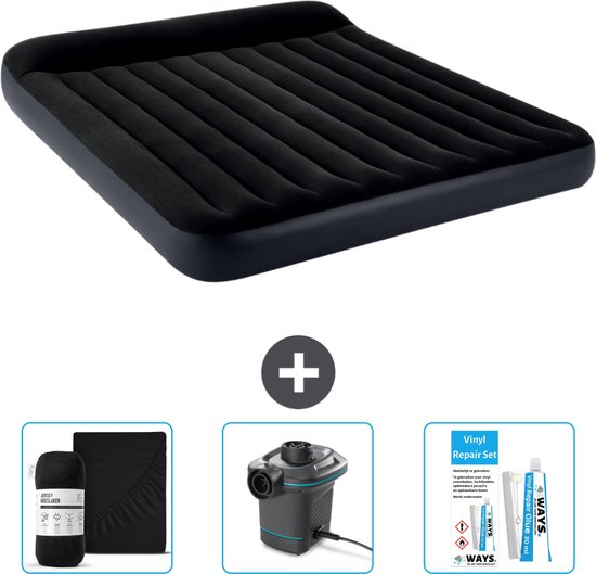 Intex Luchtbed - 2-Persoons - 183 x 203 x 25 cm - Donkerblauw - Inclusief Hoeslaken - Pomp en Reparatieset van Intex