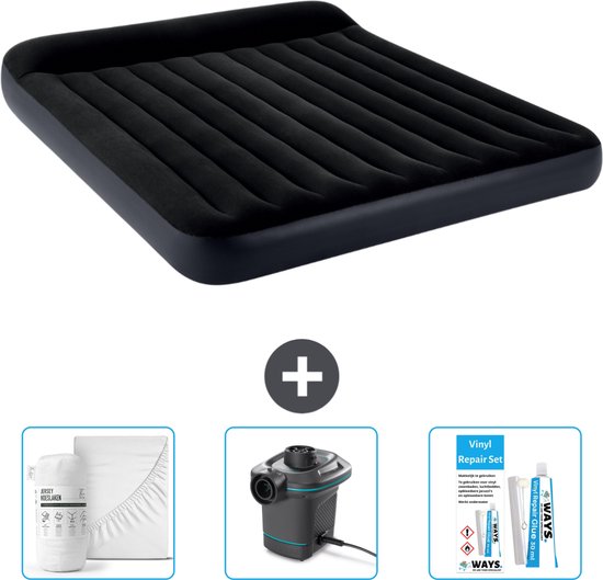 Intex Luchtbed - 2-Persoons - 183 x 203 x 25 cm - Donkerblauw - Inclusief Hoeslaken - Pomp en Reparatieset van Intex