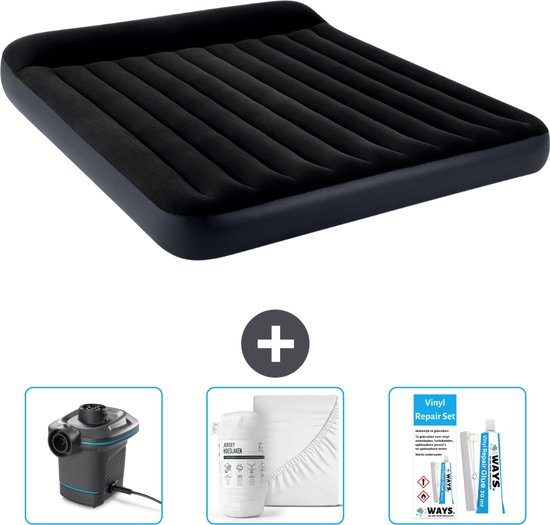 Intex Luchtbed - 2-Persoons - 183 x 203 x 25 cm - Donkerblauw - Inclusief Pomp - Hoeslaken en Reparatieset van Intex