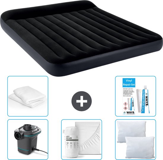 Intex Luchtbed - 2-Persoons - 183 x 203 x 25 cm - Donkerblauw - Inclusief Pomp - Hoeslaken - Kussen - Kussenbeschermer en Reparatieset van Intex