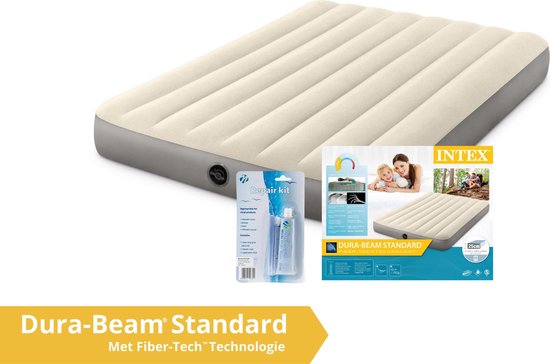 Intex luchtbed deluxe - twijfelaar - 137 x 191 x 25 cm - grijs / ivoorkleurig (incl. Reparatiekit) van Intex
