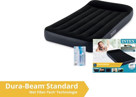 Intex luchtbed pillow rest - 1 persoons - 99 x 191 x 25 cm - zwart / donkerblauw (incl. Reparatiekit) van Intex