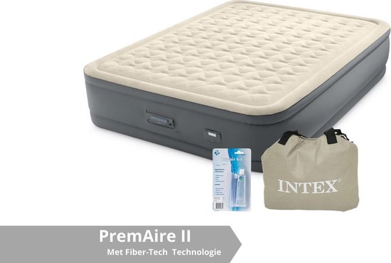Intex luchtbed PremAire II - 2 persoons - 152 x 203 x 46 cm - grijs - met ingebouwde elektrische pomp (incl. Reparatiekit) van Merkloos