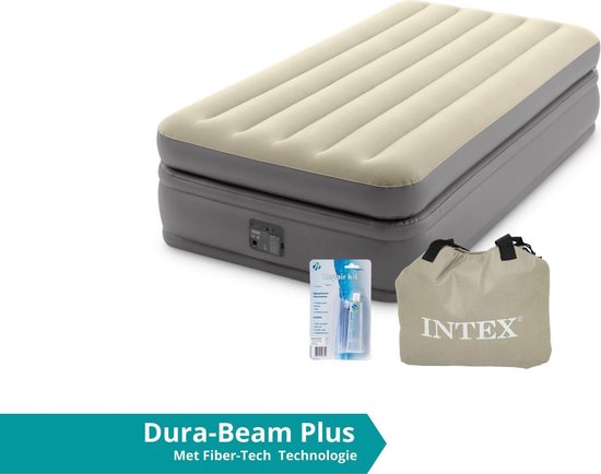 Intex luchtbed Prime Comfort - 1 persoons - 99 x 191 x 51 cm - grijs / beige - met ingebouwde pomp (incl. Reparatiekit) van Intex