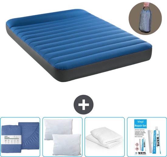 Intex Luchtbed - Twijfelaar - 137 x 191 x 22 cm - Blauw - Inclusief pomp - Hoeslaken - Kussen - Reparatieset en Kussenbeschermer van Merkloos
