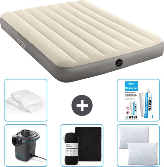 Intex Luchtbed - Twijfelaar - 137 x 191 x 25 cm - Beige - Inclusief Pomp - Hoeslaken - Kussen - Kussenbeschermer en Reparatieset van Intex