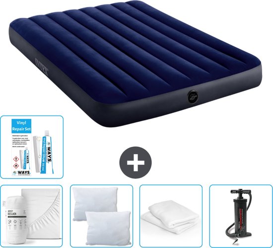 Intex Luchtbed - Twijfelaar - 137 x 191 x 25 cm - Blauw - Inclusief Hoeslaken - Kussen - Pomp - Reparatieset en Kussenbeschermer van Intex