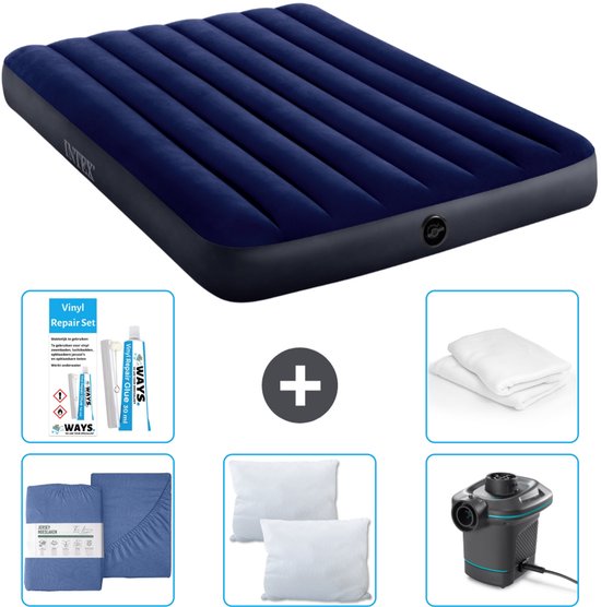Intex Luchtbed - Twijfelaar - 137 x 191 x 25 cm - Blauw - Inclusief Hoeslaken - Kussen - Pomp - Reparatieset en Kussenbeschermer van Intex