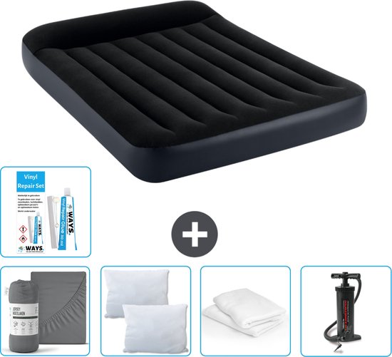 Intex Luchtbed - Twijfelaar - 137 x 191 x 25 cm - Donkerblauw - Inclusief Hoeslaken - Kussen - Pomp - Reparatieset en Kussenbeschermer van Intex