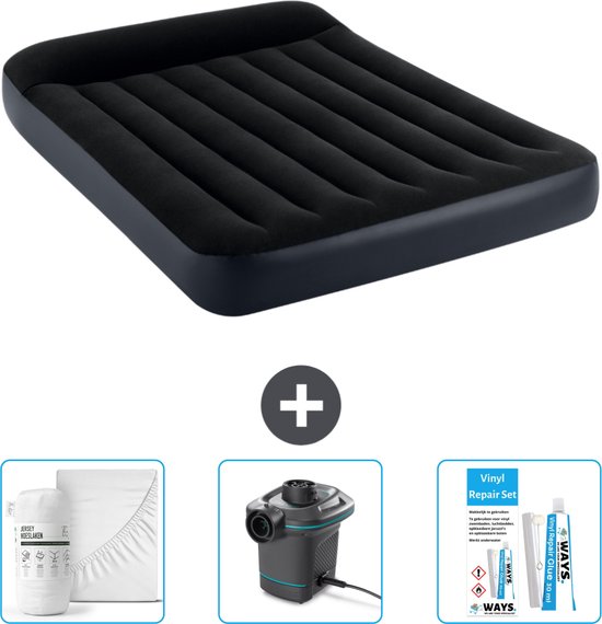 Intex Luchtbed - Twijfelaar - 137 x 191 x 25 cm - Donkerblauw - Inclusief Hoeslaken - Pomp en Reparatieset van Intex