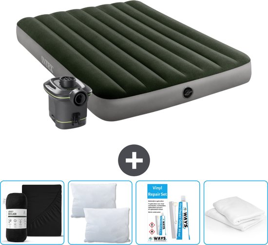 Intex Luchtbed - Twijfelaar - 137 x 191 x 25 cm - Groen - Inclusief pomp - Hoeslaken - Kussen - Kussenbeschermer en Reparatieset van Intex