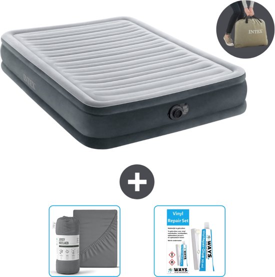Intex Luchtbed - Twijfelaar - 137 x 191 x 33 cm - Grijs - Inclusief pomp - Hoeslaken en Reparatieset van Intex