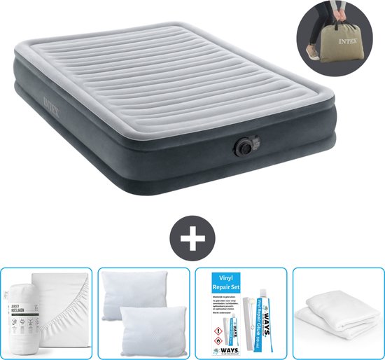 Intex Luchtbed - Twijfelaar - 137 x 191 x 33 cm - Grijs - Inclusief pomp - Hoeslaken - Kussen - Kussenbeschermer en Reparatieset van Intex
