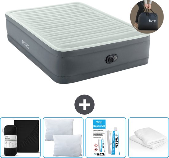 Intex Luchtbed - Twijfelaar - 137 x 191 x 36 cm - Grijs - Met electrische pomp, Hoeslaken Zwart, Kussen, Molton 2 in 1 Kussenslopen en Reparatieset van Intex