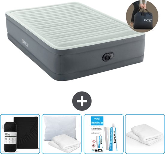 Intex Luchtbed - Twijfelaar - 137 x 191 x 46 cm - Grijs - Inclusief pomp - Hoeslaken - Kussen - Reparatieset en Kussenbeschermer van Intex
