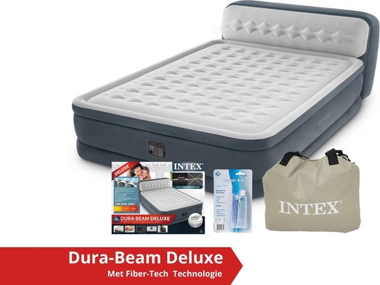 Intex luchtbed Ultra Plush met hoofdbord - 2 persoons - 152 x 236 x 86 cm - grijs - met ingebouwde pomp (incl. Reparatiekit) van Intex