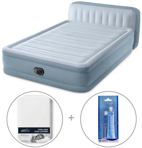 Intex Plush luchtbed met hoofdbord | Tweepersoons | 152 x 203 x 56 cm | Inclusief bijpassend hoeslaken + reparatiekit van Intex