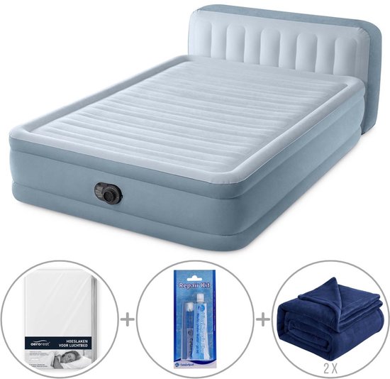 Intex Plush luchtbed met hoofdbord | Tweepersoons | 152 x 236 x 86 cm | Inclusief bijpassend hoeslaken + reparatiekit + twee fleece dekens van Intex