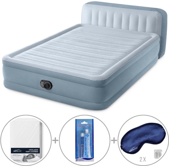 Intex Plush luchtbed met hoofdbord | Tweepersoons | 152 x 236 x 86 cm | Inclusief bijpassend hoeslaken + reparatiekit + twee slaapmaskers van Intex