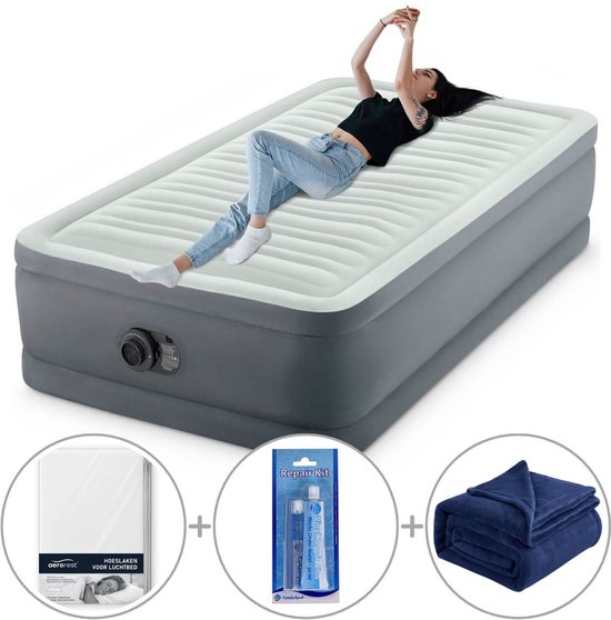 Intex PremAire I luchtbed - Eenpersoons - 191 x 99 x 46 cm - Inclusief bijpassend hoeslaken + reparatiekit + fleece deken