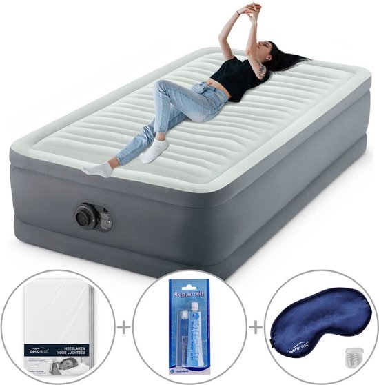 Intex PremAire I luchtbed | Eenpersoons | 191 x 99 x 46 cm | Inclusief bijpassend hoeslaken + reparatiekit + slaapmasker van Merkloos