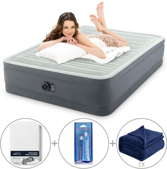 Intex PremAire I luchtbed | Tweepersoons | 152 x 203 x 46 cm | Inclusief bijpassend hoeslaken + reparatiekit + twee fleece dekens van Intex