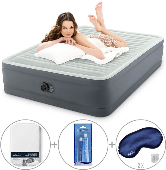 Intex PremAire I luchtbed | Tweepersoons | 152 x 203 x 46 cm | Inclusief bijpassend hoeslaken + reparatiekit + twee slaapmaskers van Intex