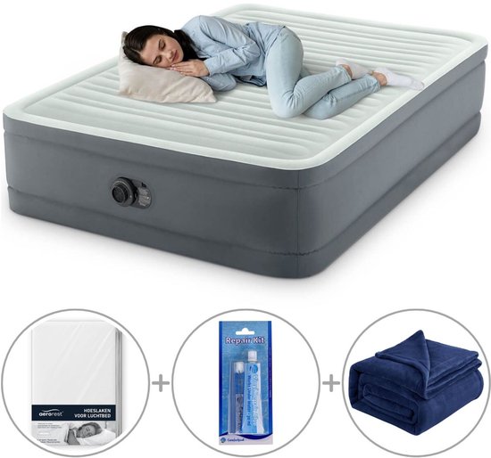 Intex PremAire I luchtbed | Twijfelaar | 191 x 137 x 46 cm | Inclusief bijpassend hoeslaken + reparatiekit + fleece deken van Merkloos