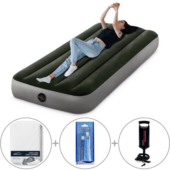 Intex Prestige Downy kampeerluchtbed | Eenpersoons | 191 x 76 x 25 cm | Inclusief handpomp + reparatiekit + hoeslaken van Merkloos