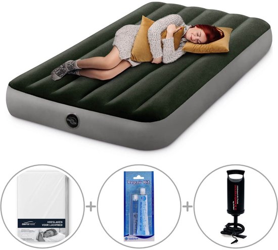 Intex Prestige Downy luchtbed | Eenpersoons | 191 x 99 x 25 cm | Inclusief handpomp + reparatiekit + hoeslaken van Intex