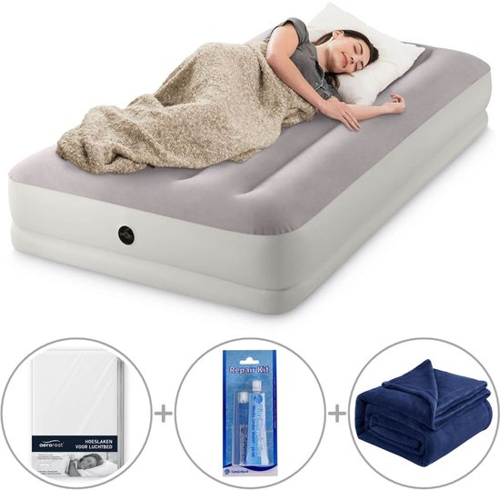 Intex Prestige Mid-Rise luchtbed | Eenpersoons | 191 x 99 x 30 cm | Inclusief bijpassend hoeslaken + fleece deken + reparatiekit