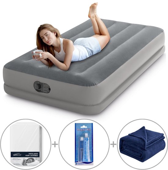 Intex Prestige Mid-Rise luchtbed | Eenpersoons | 191 x 99 x 30 cm | Inclusief reparatiekit + hoeslaken + fleecedeken van Intex
