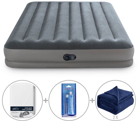 Intex Prestige Mid-Rise luchtbed | Tweepersoons | 203 x 152 x 30 cm | Inclusief reparatiekit + hoeslaken + twee fleecedekens van Intex