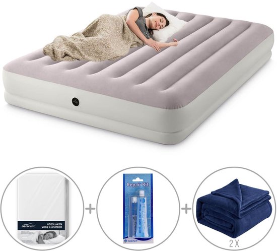 Intex Prestige Mid-Rise | Tweepersoons | 203 x 152 x 30 cm | Inclusief bijpassend hoeslaken + twee fleece dekens + reparatiekit van Merkloos