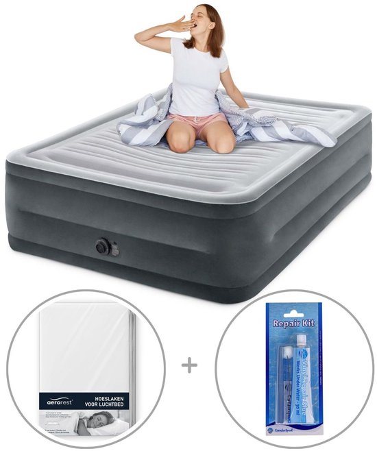 Intex Queen Comfort-Plush Luchtbed met ingebouwde pomp | Tweepersoons | Extra hoog | 203 x 152 x 56 cm | Inclusief bijpassend hoeslaken + reparatiekit