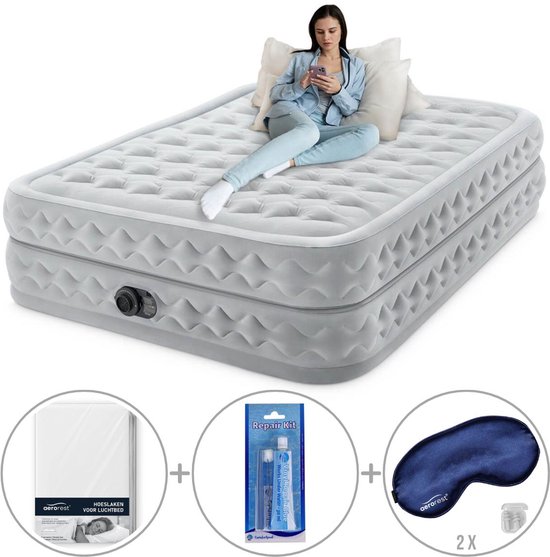 Intex Queen Supreme Air-Flow Luchtbed met ingebouwde pomp | Tweepersoons | 203 x 152 x 51 cm | Inclusief reparatiekit + hoeslaken + twee slaapmaskers van Intex