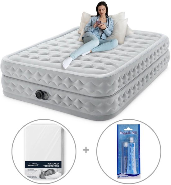 Intex Queen Supreme Air-Flow Luchtbed met ingebouwde pomp | Tweepersoons | 203 x 152 x 51 cm | Inclusief reparatiekit + hoeslaken van Intex