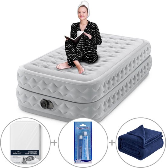Intex Twin Supreme Air-Flow Luchtbed met ingebouwde pomp | Eenpersoons | 191 x 99 x 51 cm | Inclusief reparatiekit + hoeslaken + fleece deken van Intex