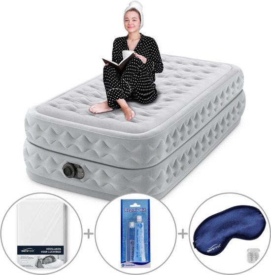 Intex Twin Supreme Air-Flow Luchtbed met ingebouwde pomp | Eenpersoons | 191 x 99 x 51 cm | Inclusief reparatiekit + hoeslaken + slaapmasker van Intex