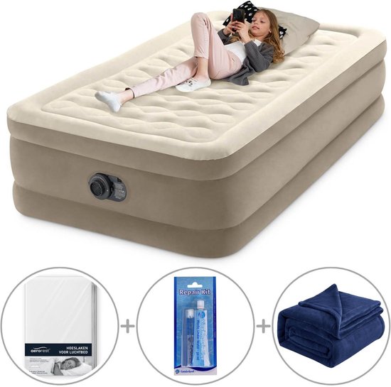 Intex Twin Ultra Plush Luchtbed met ingebouwde pomp | Eenpersoons | 191 x 99 x 46 cm | Inclusief reparatiekit + hoeslaken + fleece deken van Intex