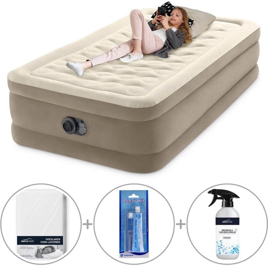 Intex Twin Ultra Plush Luchtbed met ingebouwde pomp | Eenpersoons | 191 x 99 x 46 cm | Inclusief reparatiekit + hoeslaken + luchtbedverfrisser van Intex