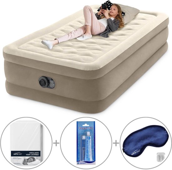 Intex Twin Ultra Plush Luchtbed met ingebouwde pomp | Eenpersoons | 191 x 99 x 46 cm | Inclusief reparatiekit + hoeslaken + slaapmasker van Intex